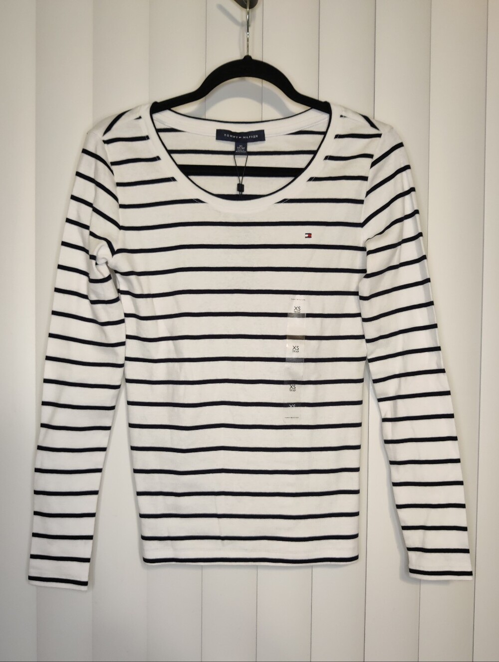 Tommy Hilfiger White Long Sleeve Tee with Black Stripes